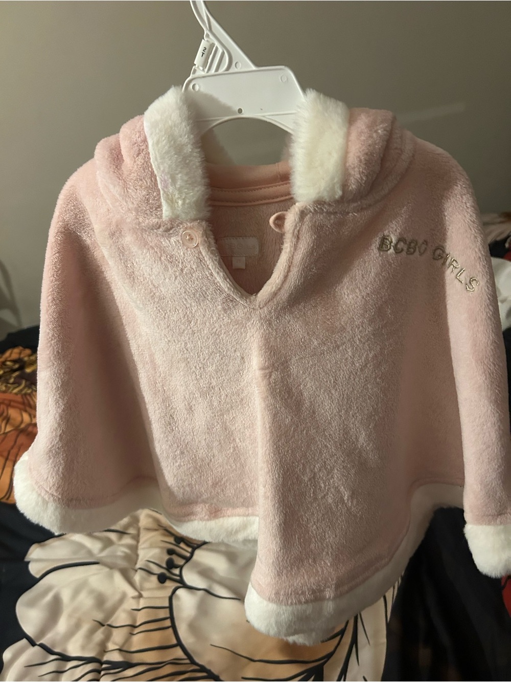 BCBG Girls Light Pink Plush Hooded Poncho with White Trim